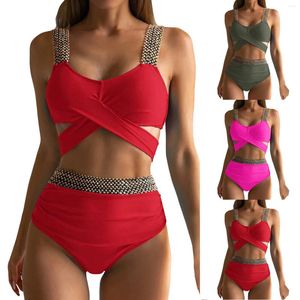 Kvinnors badkläder Bikini Set för kvinnor Baddräkt Tank Swimsuit Mid midja Deep V Neck Wide Straps Mesh Back Hook Two Piece Dresses Teens