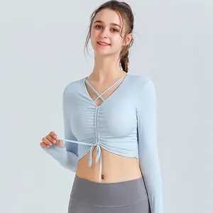 Aktiva skjortor Padding Yoga Top Long Sleeve Pilates Tops 2024 Lycra Sports Woman Gym Training Wear Pink Blue Black Crop Fitness