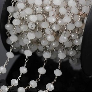 Catena rondelle in vetro cristallo bianco sfaccettato all'ingrosso polacco da 5 metri, catena per rosario avvolta in filo placcato argento, risultati di gioielli da donna