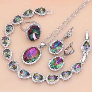 Bracelets Sterling Sier Jewelry Mystic Fire Rainbow Cubic Zirconia Jewelry Sets Women Earring/pendant/necklace/ring/bracelet