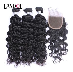 Peruvian Malaysian Indian Brazilian Virgin Hair 3 Bundles with Lace Closure Natural Wave Wet and Wavy Water Wave Curly Mink Human 1478839