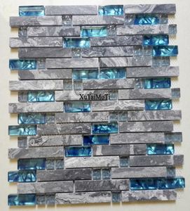 11 Stück graues Marmormosaik, blaue Glasfliesen, Küchenrückwand, Badezimmerhintergrund, dekorative Wand, Kamin, Bar, Steinwandfliesen2916531