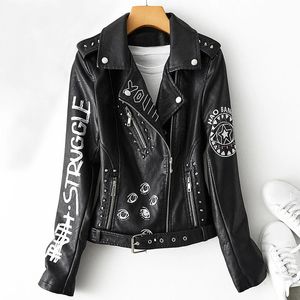 Fitaylor Herbst Winter Frauen Graffiti Print Kunstleder Jacke Dame Moto Bike PU Leder Mantel Lässige Nieten Jacke mit Gürtel 231229