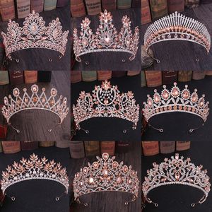 Mode Rose Gold Pfirsich Farbe Kristall Strass Hochzeit Haar Zubehör Königin Prinzessin Diadems Frauen Tiara Krone Kopf Schmuck 240102