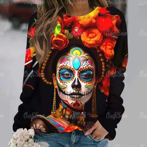 Damen T-Shirts Langarm-T-Shirt Lustiges Gesicht 3D-Schädel-Druck Streetwear Retro-Pullover Gothic-Pullover O-Ausschnitt Herbstkleidung