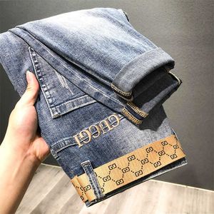 Jeans Spring/summer Blue for Men's Light Luxury Fashion Brand Letter Embroidery Harlan Versatile Short Feet Pants