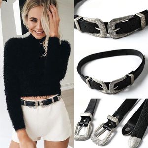 Kadın Lady Vintage Metal Boho Deri Punk Çift Toka Bel Kuşak Belgesi238W