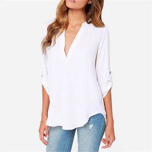 Skjortor S5XL BLUSAS FEMININAS Women V Neck Solid Chiffon Shirts White, Black, Blue, Grey Blouse Sexig Lady Long Sleeve Casual Blus Tops