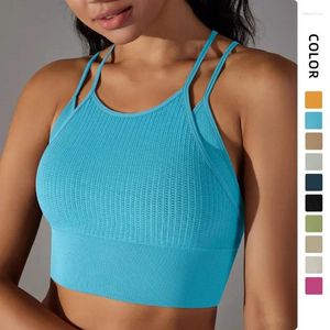 Yoga Outfit Cross Border Seamless Knitted Thread Double Layer Tank Top For Sports Fitness Beauty Back Dress Women