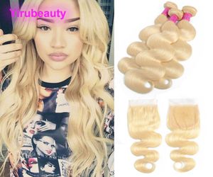 Peruwiańskie przedłużenia ludzkich włosów z koronkową fala koronki 4x4 613 Blondynowe pakiety zamykają ludzkie włosy 1028 cali 7623165