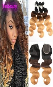 Peru Virgin Ombre İnsan Saç Kapanış Ombre Vücut Dalgası 3 Dantel Kapatma 1B427 Blackbrownblonde4394798