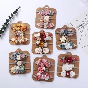 7Sets/Lot Artificial Flower Baby Nylon Hair Band Elastic Pearl Fake Floral Headband Handmade Hairbands Toddler Pography Props 231229