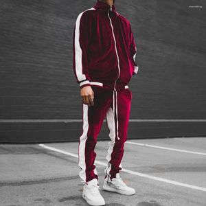 Men's Tracksuits Gold Velvet Sports Two-Piece Suit For Men 2024 Autumn Winter Contrasting Color Casual Retro Street Jacket Straight Pants