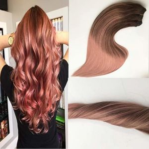 Väver brasiliansk remy hår 100% mänskligt hår weft balayage ombre färg mörkare brun blekning till ros gyllene rak sy i hårbuntar