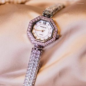 손목 시계 최고 여성 시계 쿼츠 패션 브라 셀트 레이디 시계 크리스탈 다이아몬드 실버