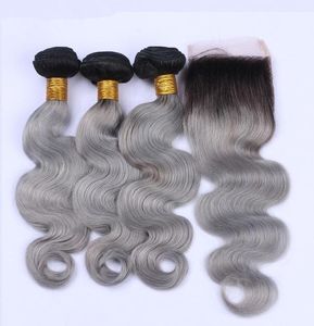 1BGrey Ombre Offerte per capelli vergini peruviani 3 pezzi con chiusura Body Wave Ombre Trame di capelli umani grigio argento con pizzo 4x4 Clos7043972