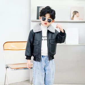 Jackets Autumn Winter Children's Casual Black Leather Jacket Boys Lapel Zipper Thick Coats Kids Big Pocket Tops