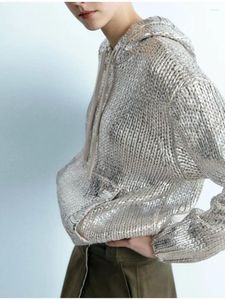 여자 스웨어 메탈릭 리브 트림 호일 후드 스웨터 탑 여성 패션 긴 소매 니트 풀오버 2024 가을 사무실 숙녀 고지대 하이 스트리트