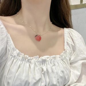 Pendant Necklaces Natural Stone Quartz Red Peach Cherry Necklace For Woman Metal Chain Plated Gold Choker Sweet Jewelry Girl