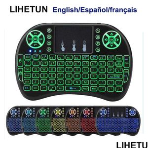 Teclados I8 Wireless 7 Backlight 2.4GHz Fly Air Mouse Lithium-Ion Bateria Controle Remoto Inglês Espanhol Francês para Android TV Box Dr Othue