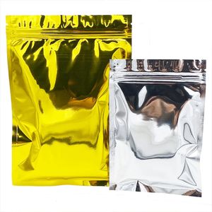 100pcslot Glossy Goldsilver Aluminium Foil Ziplock Bag Återställbar tårskår förvaringspåsar för snacks Retail Exempel påsar 240102