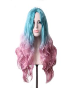 Woodfestival Party Wigs Long Synthetic peruk för kvinnor Cosplay Blue Pink Ombre Curly Rose Intranet Hair5387580