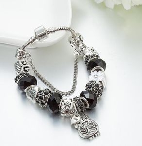 Strands Charm 925 silver bracelet black beads, owls and Diy flowers for women's charms1294091