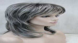 New women039s wig medium length grey layered shoulder long synthetic hair full wig7320686