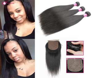 Brazilian Virgin Human Hair Weave 3 Bundles With Silk Closure 1B Soft Straight Hair Weft With Silk Base Closures For Black Women476570847