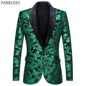 Jackets Shiny Green Floral Sequin Tuxedo Blazers Men One Button Shawl Collar Dress Suit Jacket Party Dinner Wedding Prom Singer Costume