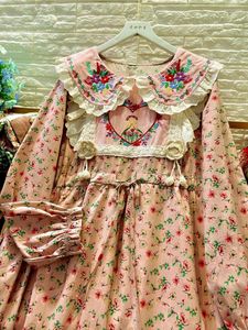 Casual Dresses Linen Mori Dress 2024 Autumn Long Sleeve Doll Collar Floral Plus-Size Midi