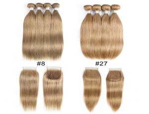Ash Blonde Color 8 27 Malaysian Indian Straight Human Hair Bundles With Stängning 4 Bunds med 4x4 spetsstängning Remy Human Hair 1093259