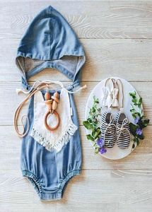 Wash Blue Baby Rompers z czapką Rock Denim Noworodki Onepiece ubrania maluch mody Skoczki dla dzieci bawełna bawełna Romper4232558