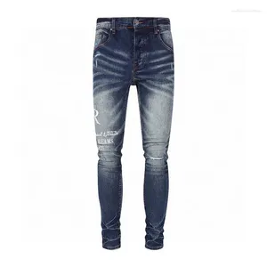 Jeans masculinos estilo rua moda homens retro azul estiramento magro ajuste rasgado bordado designer hip hop marca calças hombre