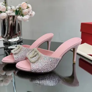 Designer High Heel Slippers Women Crystal Decoration Fashion Open Toe Metal Buckle Casual Sandals Size 35-43