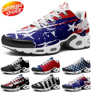 Sapatos personalizados tn tênis de corrida amantes da estrela sapatos diy retro sapatos casuais homens mulheres sapatos tênis ao ar livre as estrelas e as listras branco preto azul tamanho grande eur 36-48