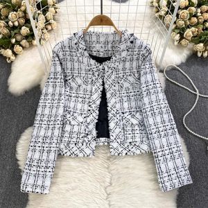 Jaquetas femininas 2024 primavera outono mulheres desgastadas franjas em torno do pescoço curto tweed casaco branco preto feminino recortado cardigan jaqueta chaqueta