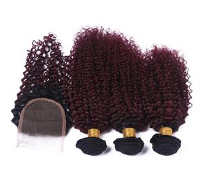 Двухцветный 1B99J Винно-красный Ombre Kinky Curly Перуанские девственные человеческие волосы плетет 3 пучка с темными корнями Бордовый Ombre 4x4 Кружева Clos5778495