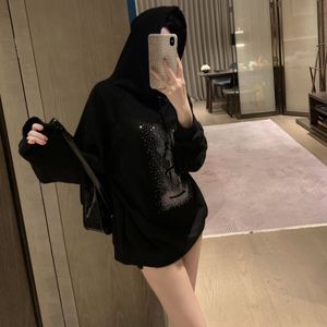 Kadın Kapşonlu Gevşek Moda Tasarımı Rhinestone Logo Mektup Deseni Serin Sweatshirt İçinde Velvet MLXLXXL3XL