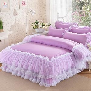 Setler Kore tarzı yatak takımı Set Mor Dantel Yatak 4pcs Romantik Prenses Bedclothes Pamuk Yorgan Yatak Yatık Yastık Kraliçe K