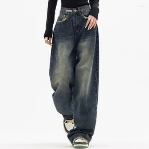 Jeans da donna blu scuro larghi donna primavera estate moda vita alta gamba larga pantaloni larghi in denim effetto invecchiato Y2k streetwear vintage