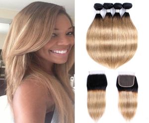 Ombre Blond Fair Bundles z zamknięciem 1B 27 Miód Blond Brazylijskie proste włosy Remy Human Hair Extensions z 4x4 La9699569