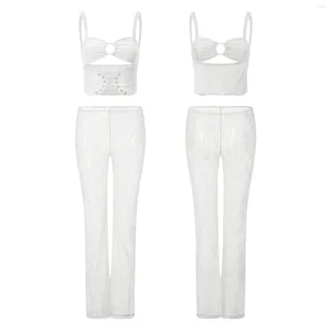 Kvinnors tvåbitar byxor Kvinnor 2 stycken Vest Set backless Suspender Corset Crop Tank Tops och ren spetsar blossade streetwear klubbkläder kläder