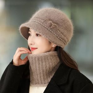 Cappelli di lana di coniglio lavorati a maglia da donna caldi berretti invernali di marca berretti da donna cappello con bavaglino siamese capelli femminili antivento più berretto di velluto 240102