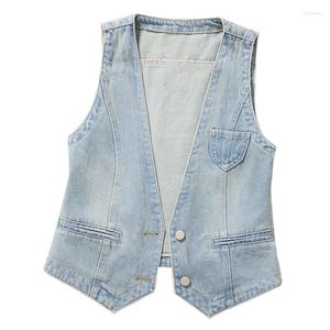 Kvinnors västar Summer Thin Vintage Blue V Neck denim Vest Women Waistcoat Slim Short Cowboy Sleeveless Jacket Korean Pocket Jeans Female