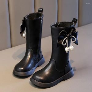 Botas meninas versátil preto arco borlas pérolas crianças meados de bezerro para passarela zíper casual crianças 2024 primavera outono