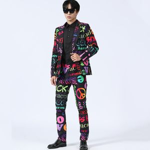 Korean Style Letter Printed Suit Male Singer Bar Stage Performance Slim Fit Blazer Pants 2 Piece Set Photo Studio Nightclub Party Suit Hip Hop Dance Outfit
