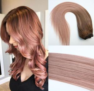 120 g Clip-in-Echthaarverlängerungen für den ganzen Kopf, 7 Stück, Ombre-Rosa-Braun-Spitzen, 3 Balayage-Haarverlängerungen in Roségold, Highlights9936664