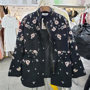 トレンチ韓国ファッション刺繍花トレンチコート女性学生アウトウェアブラックホワイトアーミーグリーンミッドロングドローストリングウィンドブレイカー女性