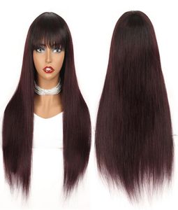 Dark Roots Wine Red Glueless Wig Long Human Hair Peruvian Remy Straight Ombre Wigs With Bangs For Black Women Colored 1B 99J Burgu9358037